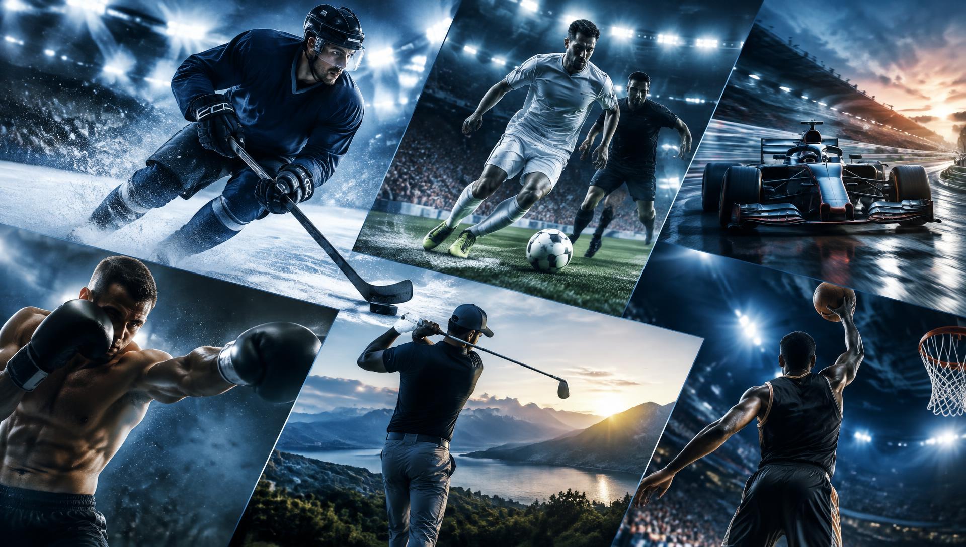 Originalmontage med ishockey, fotboll, racing, boxning, golf och basket
